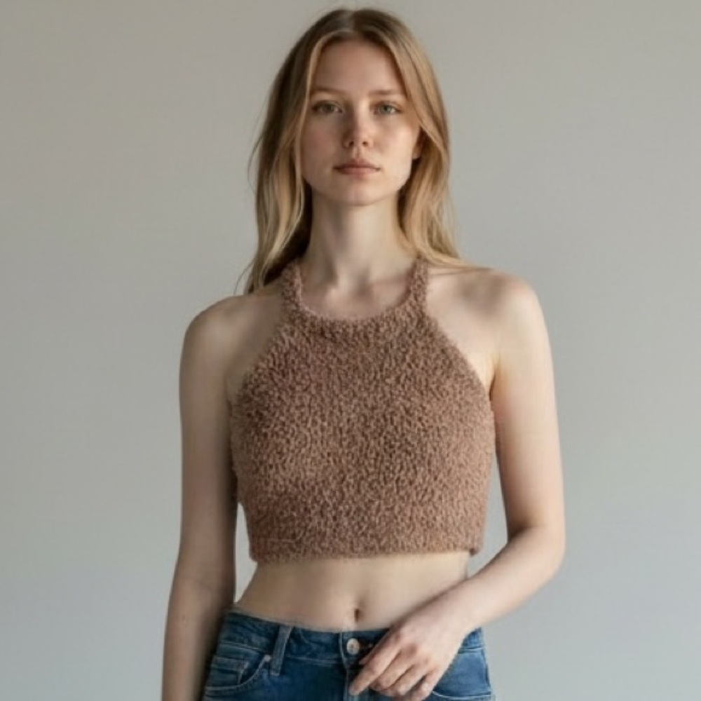 Skims Women's S Cozy Halter Crop Top Bra‎ Fuzzy Rose Clay Brown NWT